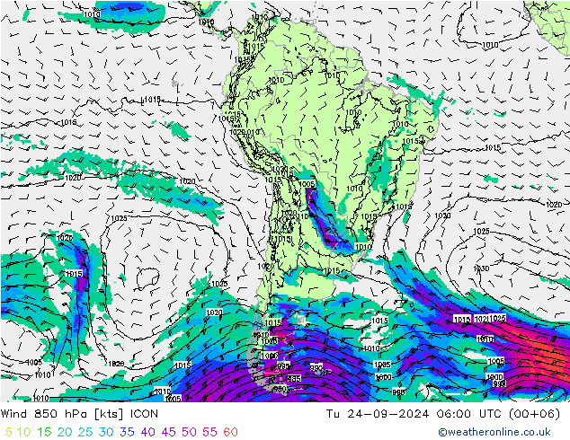 Wind 850 hPa ICON Tu 24.09.2024 06 UTC