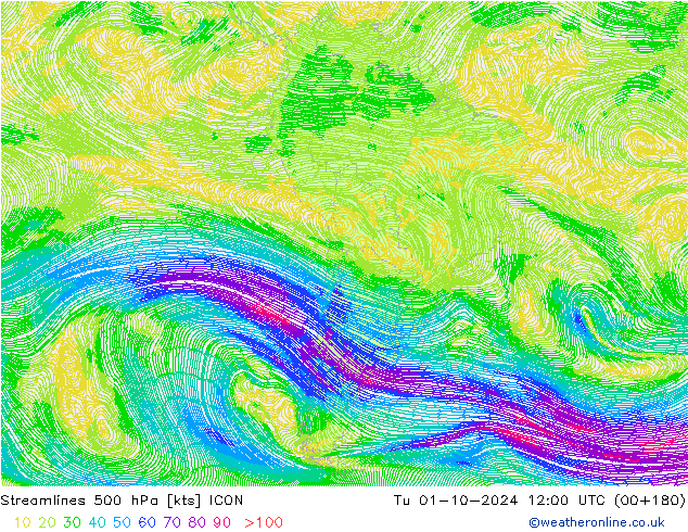 Streamlines 500 hPa ICON Út 01.10.2024 12 UTC