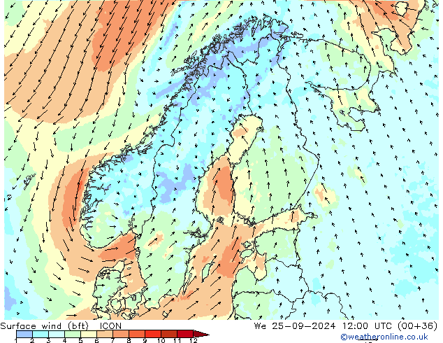 wiatr 10 m (bft) ICON śro. 25.09.2024 12 UTC