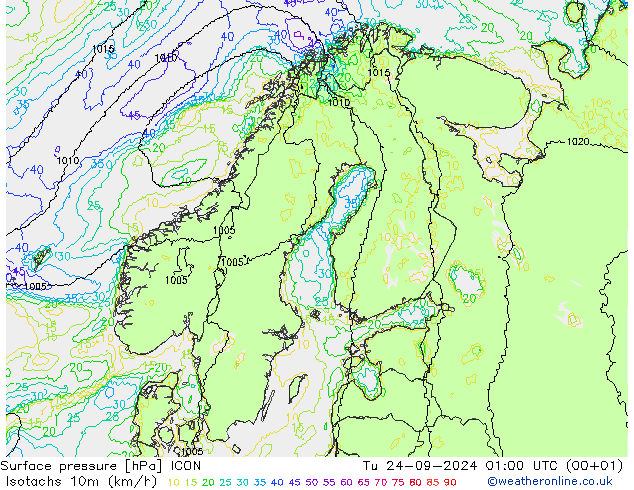 Isotachs (kph) ICON вт 24.09.2024 01 UTC