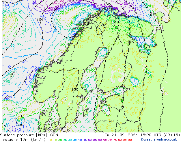 Isotachs (kph) ICON вт 24.09.2024 15 UTC