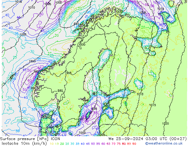 Isotachs (kph) ICON ср 25.09.2024 03 UTC