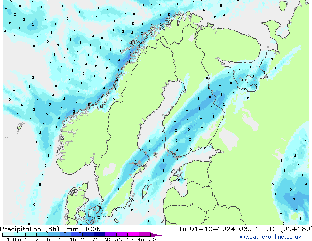 Precipitation (6h) ICON Tu 01.10.2024 12 UTC