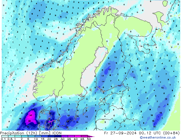 осадки (12h) ICON пт 27.09.2024 12 UTC