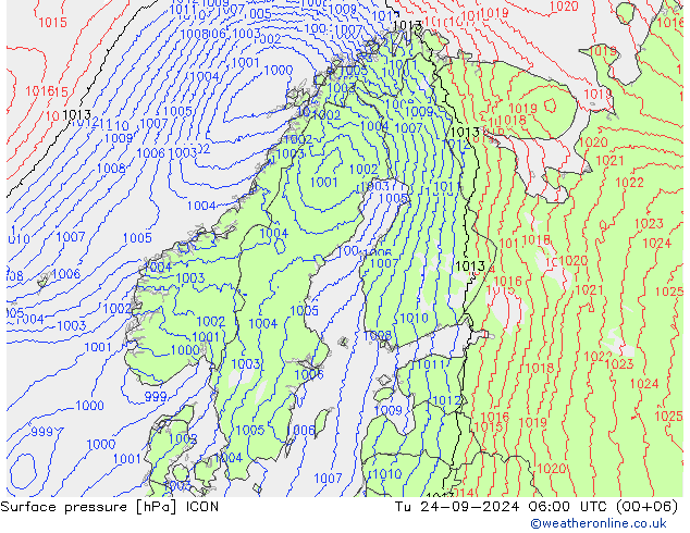 Surface pressure ICON Tu 24.09.2024 06 UTC