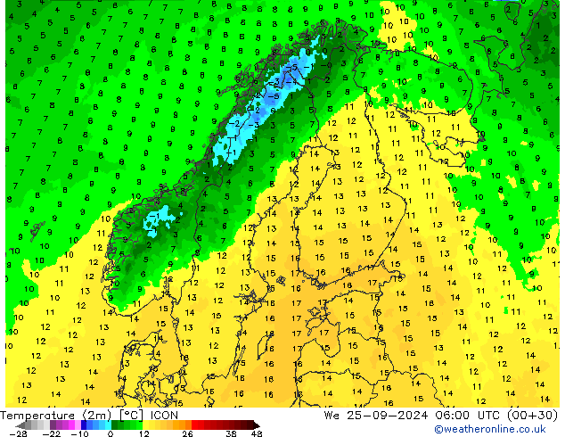 Temperature (2m) ICON We 25.09.2024 06 UTC