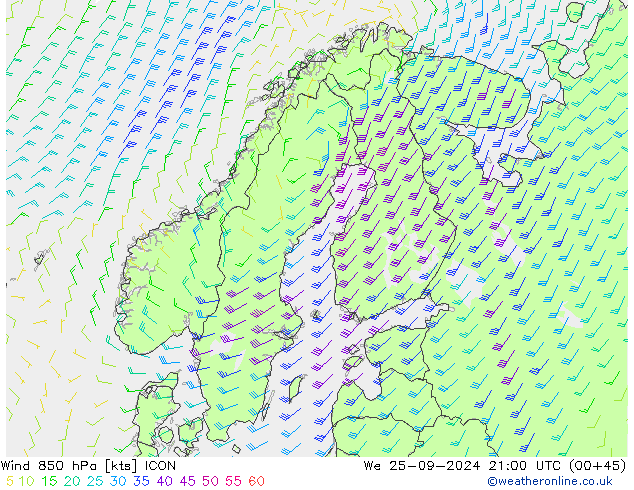 Wind 850 hPa ICON We 25.09.2024 21 UTC