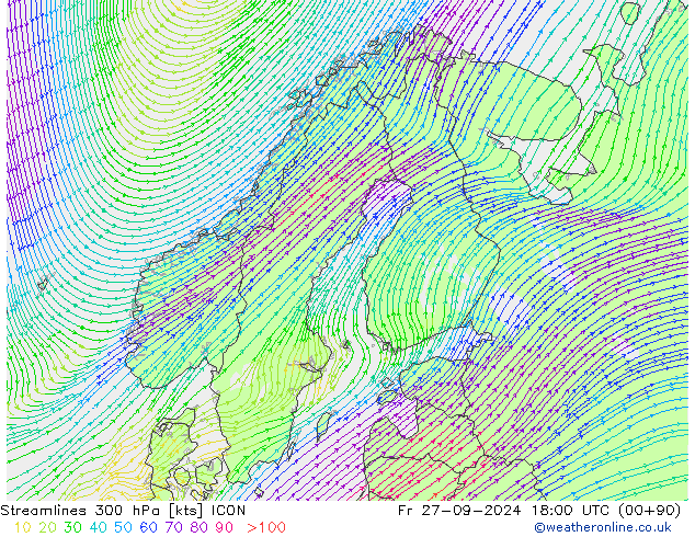 Streamlines 300 hPa ICON Fr 27.09.2024 18 UTC