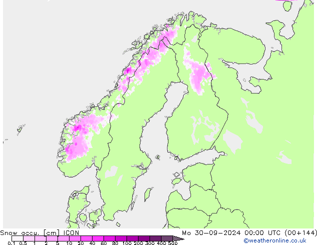 Snow accu. ICON lun 30.09.2024 00 UTC