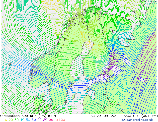 Linia prądu 500 hPa ICON nie. 29.09.2024 06 UTC