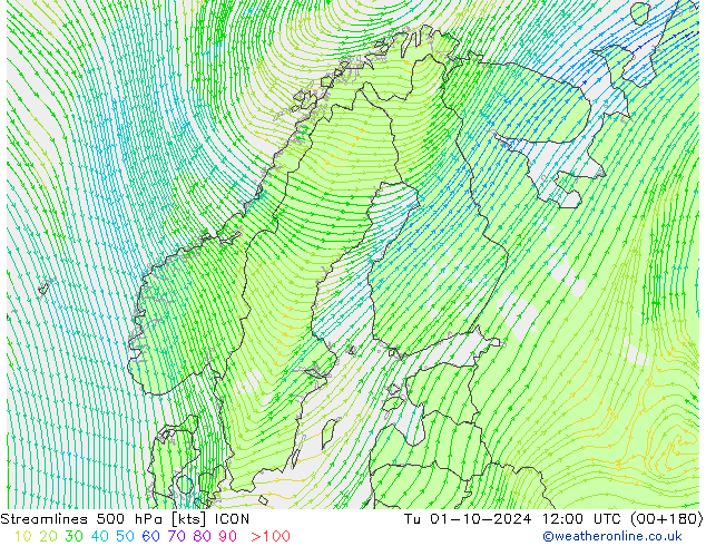 Streamlines 500 hPa ICON Tu 01.10.2024 12 UTC