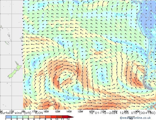 Wind 10 m (bft) ICON di 01.10.2024 12 UTC