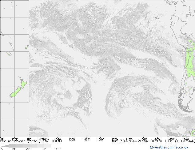 Cloud cover (total) ICON Mo 30.09.2024 00 UTC