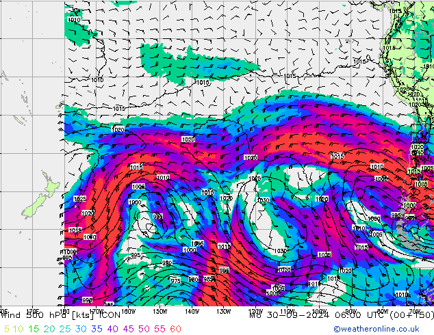 wiatr 500 hPa ICON pon. 30.09.2024 06 UTC