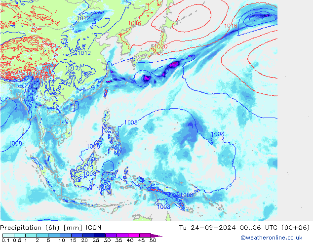 Precipitation (6h) ICON Út 24.09.2024 06 UTC