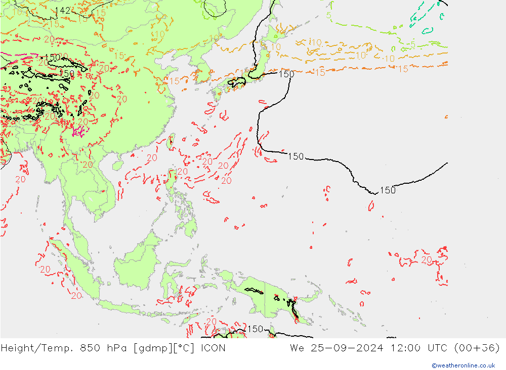 Height/Temp. 850 hPa ICON mer 25.09.2024 12 UTC