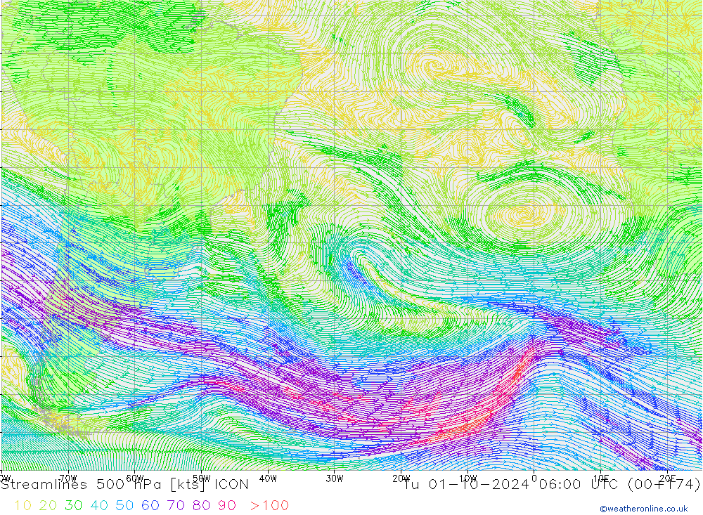 Streamlines 500 hPa ICON Út 01.10.2024 06 UTC