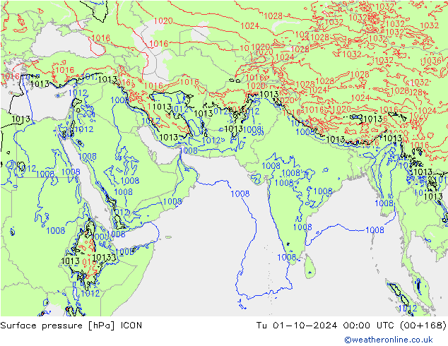 Surface pressure ICON Tu 01.10.2024 00 UTC