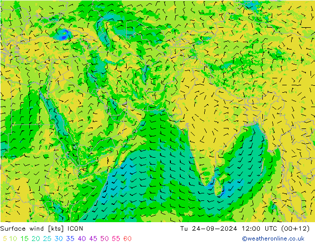 wiatr 10 m ICON wto. 24.09.2024 12 UTC