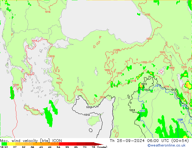 Max. wind velocity ICON gio 26.09.2024 06 UTC