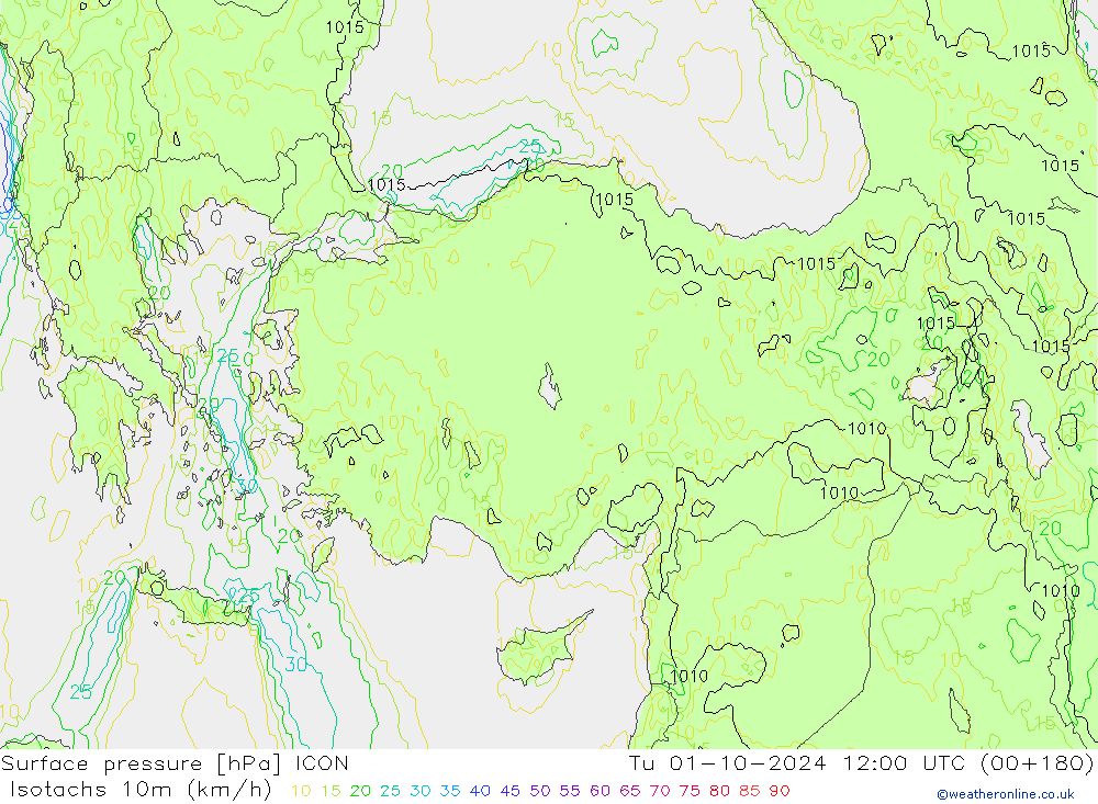 Isotachs (kph) ICON Tu 01.10.2024 12 UTC