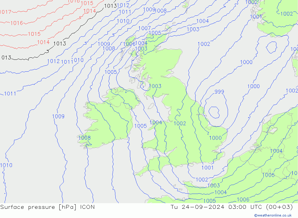 Surface pressure ICON Tu 24.09.2024 03 UTC