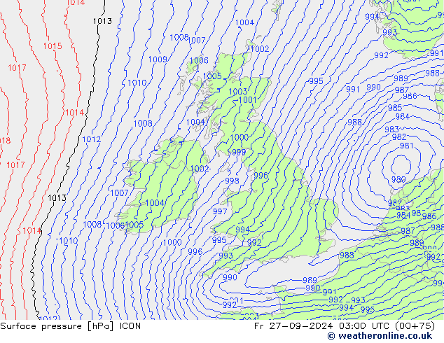 Surface pressure ICON Fr 27.09.2024 03 UTC