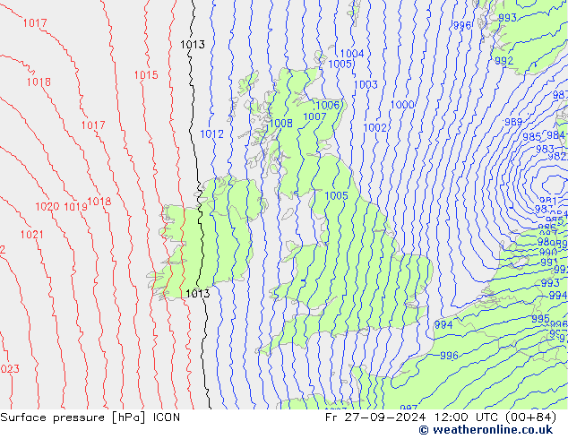 Luchtdruk (Grond) ICON vr 27.09.2024 12 UTC