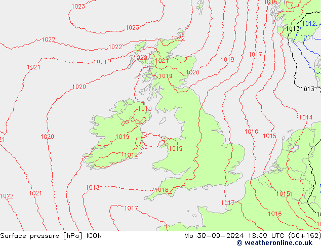 Presión superficial ICON lun 30.09.2024 18 UTC