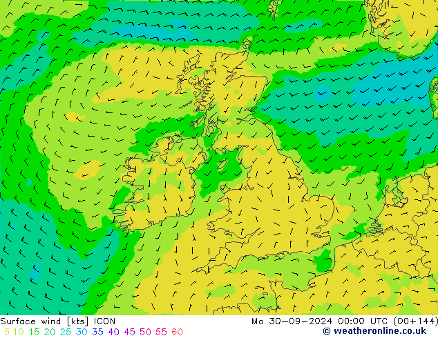 wiatr 10 m ICON pon. 30.09.2024 00 UTC