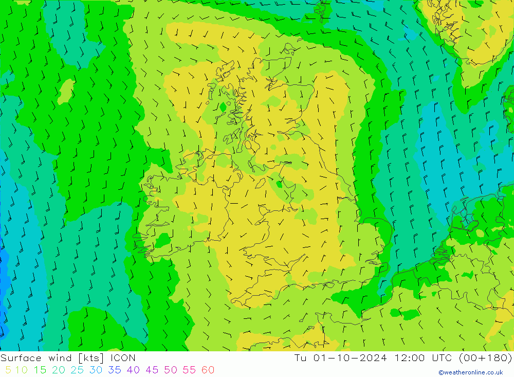 Surface wind ICON Tu 01.10.2024 12 UTC