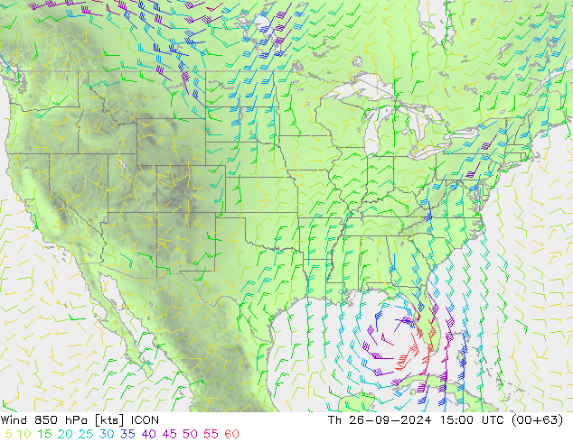 Viento 850 hPa ICON jue 26.09.2024 15 UTC