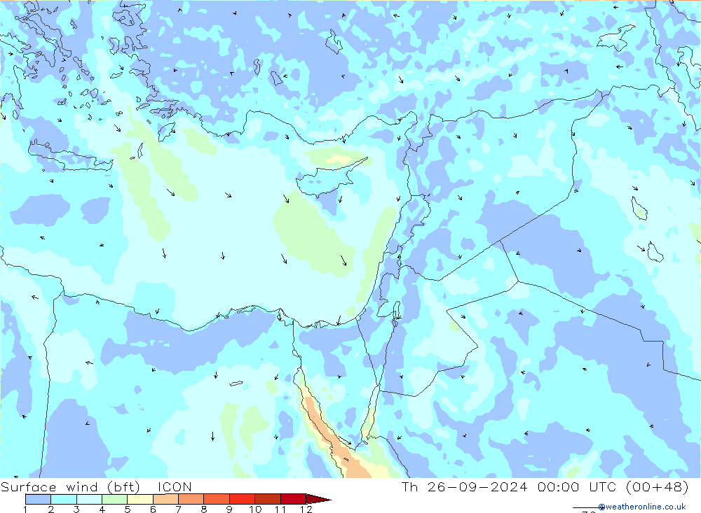 Rüzgar 10 m (bft) ICON Per 26.09.2024 00 UTC