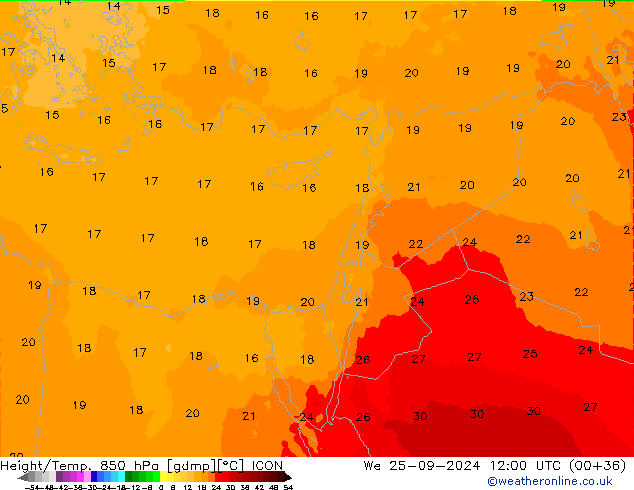 Height/Temp. 850 hPa ICON Mi 25.09.2024 12 UTC