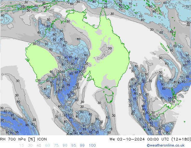 700 hPa Nispi Nem ICON Çar 02.10.2024 00 UTC