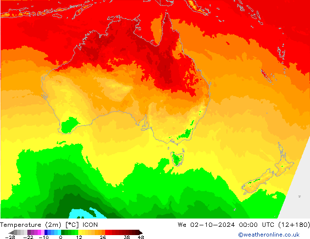 Temperatura (2m) ICON mié 02.10.2024 00 UTC