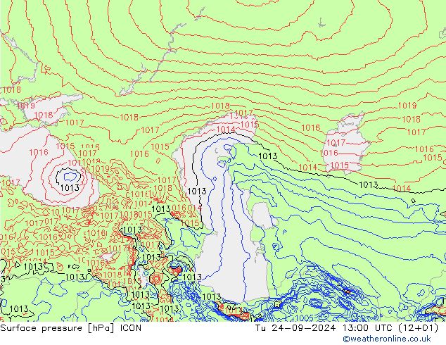 Surface pressure ICON Tu 24.09.2024 13 UTC