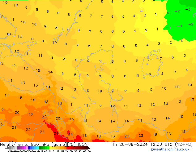 Height/Temp. 850 hPa ICON gio 26.09.2024 12 UTC