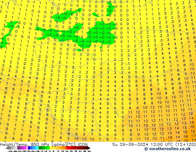 Height/Temp. 850 hPa ICON Ne 29.09.2024 12 UTC