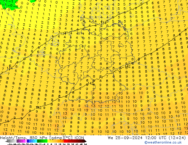 Hoogte/Temp. 850 hPa ICON wo 25.09.2024 12 UTC