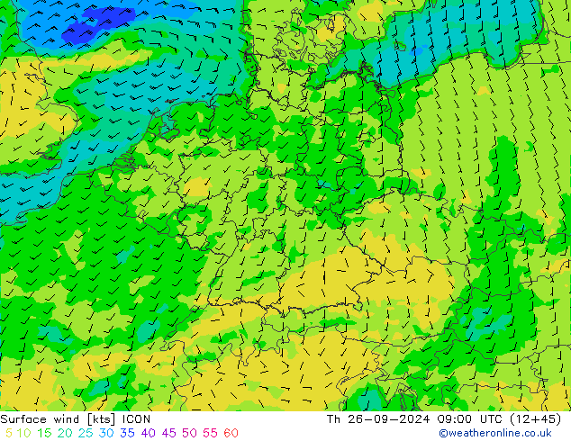 Vento 10 m ICON Qui 26.09.2024 09 UTC