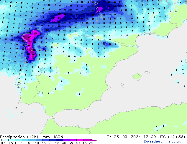 Precipitation (12h) ICON Th 26.09.2024 00 UTC