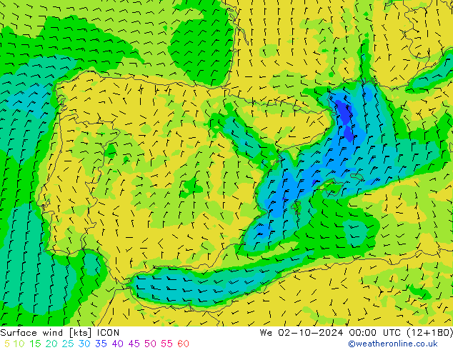 Rüzgar 10 m ICON Çar 02.10.2024 00 UTC