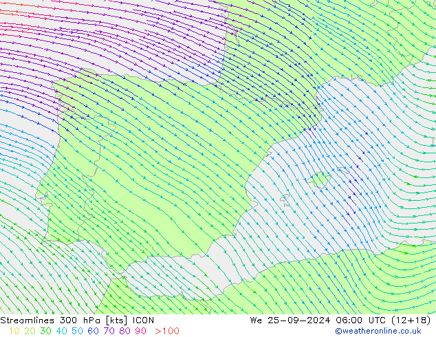 Streamlines 300 hPa ICON We 25.09.2024 06 UTC