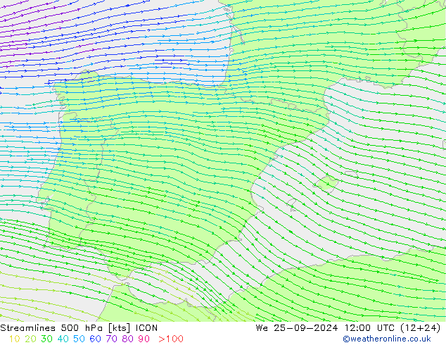 Linea di flusso 500 hPa ICON mer 25.09.2024 12 UTC