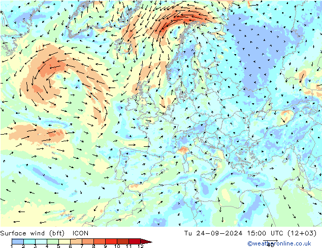 Surface wind (bft) ICON Tu 24.09.2024 15 UTC