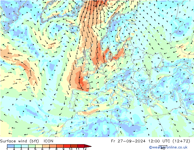 Rüzgar 10 m (bft) ICON Cu 27.09.2024 12 UTC