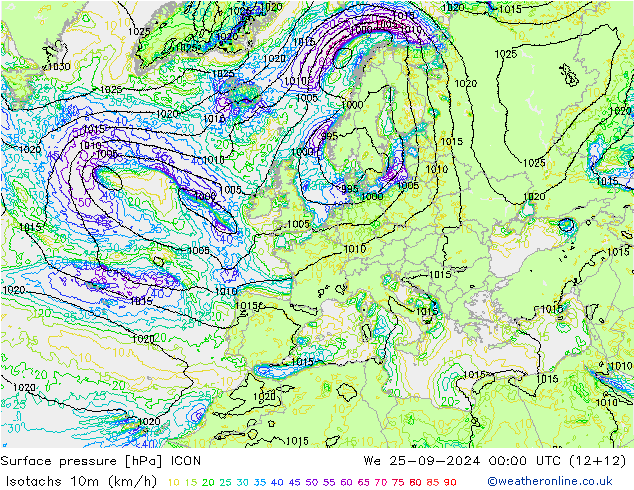 Isotachs (kph) ICON mer 25.09.2024 00 UTC