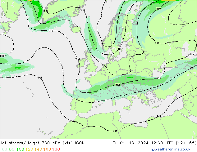 Jet stream/Height 300 hPa ICON Tu 01.10.2024 12 UTC