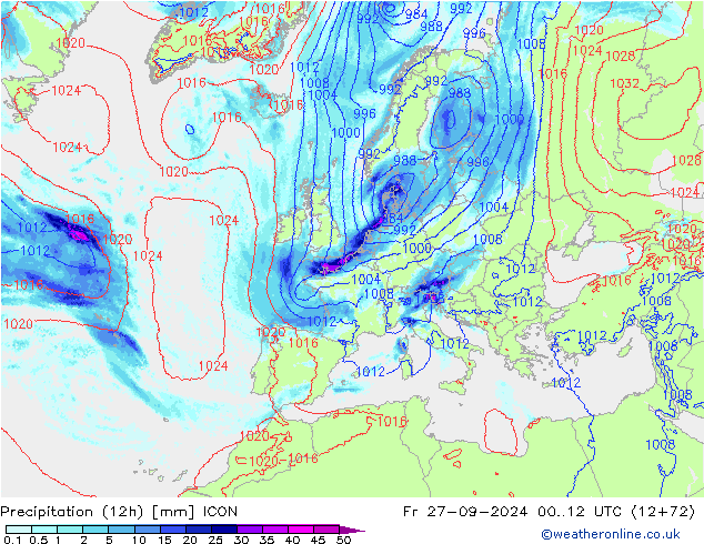 Totale neerslag (12h) ICON vr 27.09.2024 12 UTC